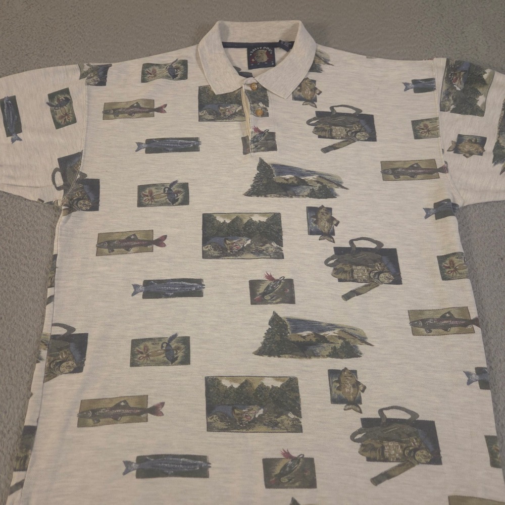 VINTAGE Salty Dog Polo Shirt Mens M Tan All Over Fish Lure Print Cotton 90s